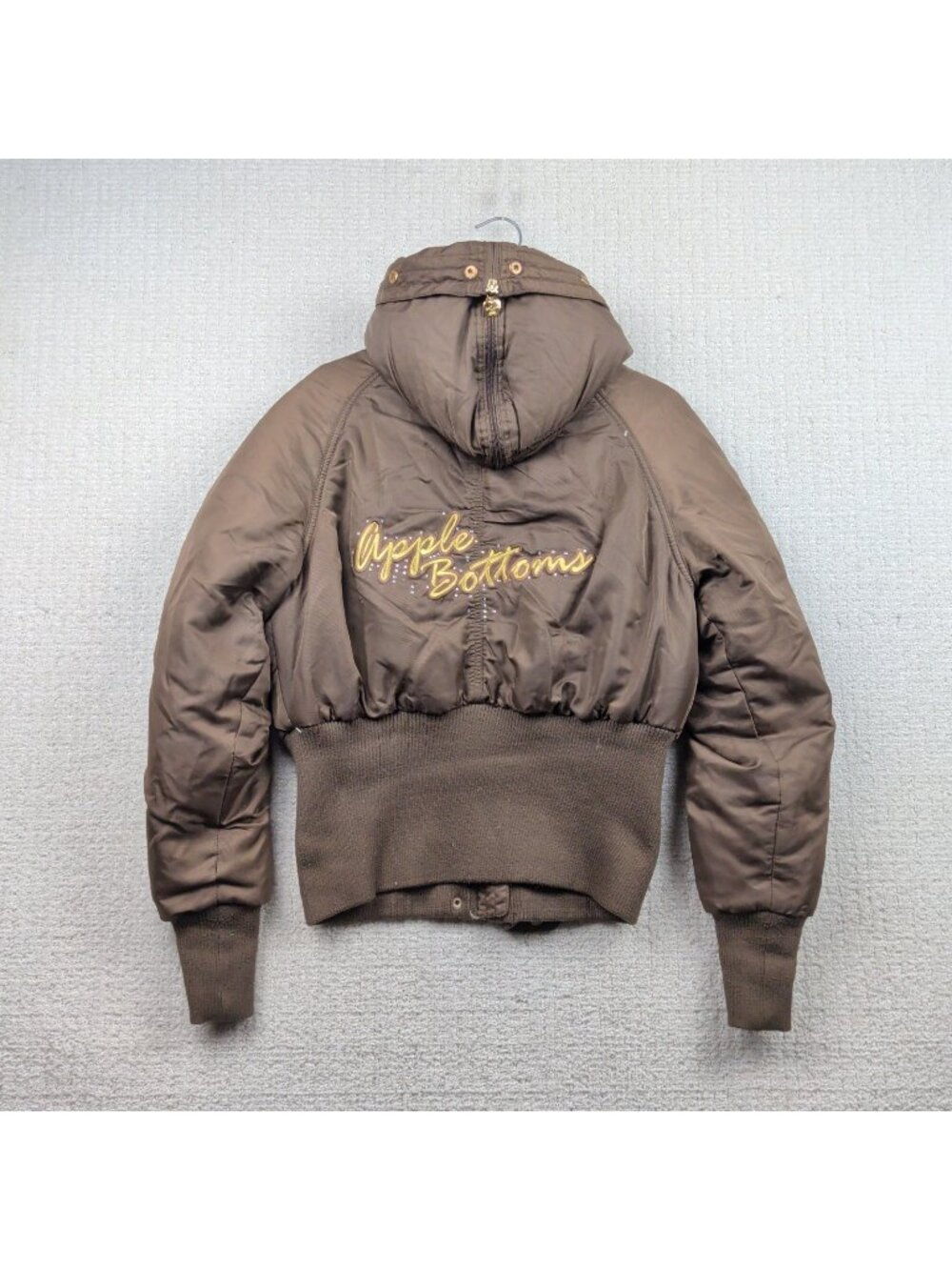Y2K Apple Bottom Down Puffer Bomber Cropped Jacket Hooded Brown Mcbling Glam